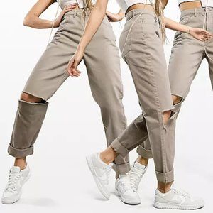ASOS Hourglass Fit High Rise Ripped Mom Jeans in Mushroom